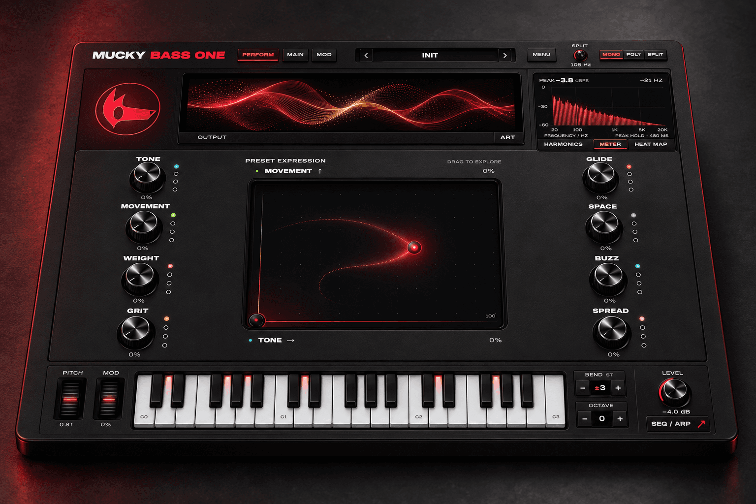Mucky Bass One product artwork showing the Perform controls and keyboard
