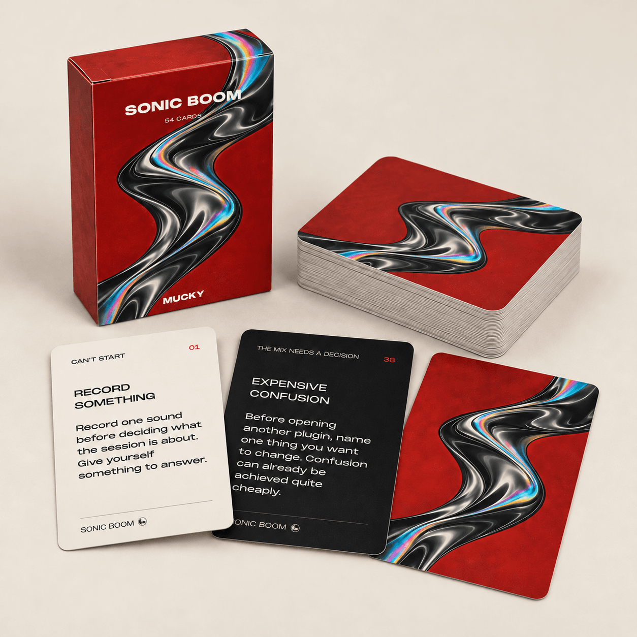 Sonic Boom card-deck concept with a tuck box, cream and black prompt cards and artwork-only backs
